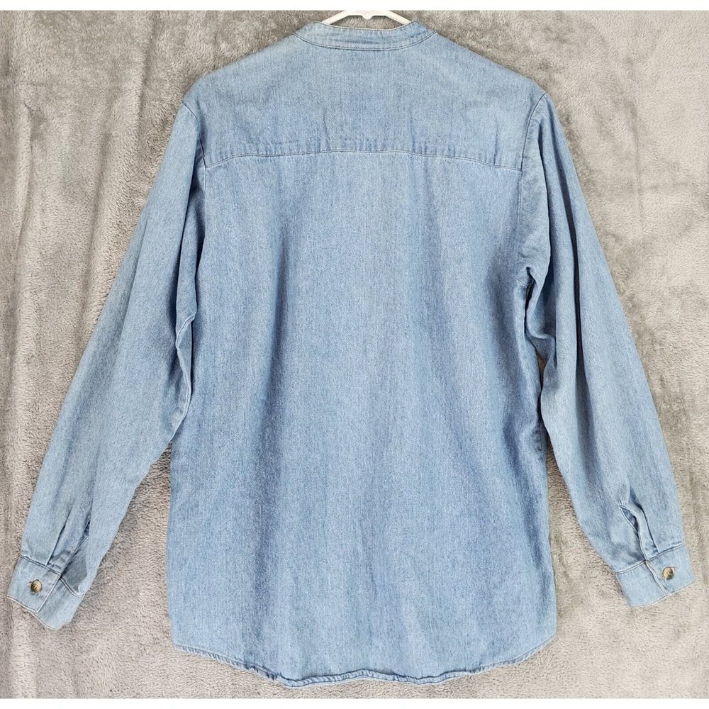 Central Falls Shirt Womens Medium Blue Denim Pleated Worn Grannycore Vintage Top - Picture 2 of 13